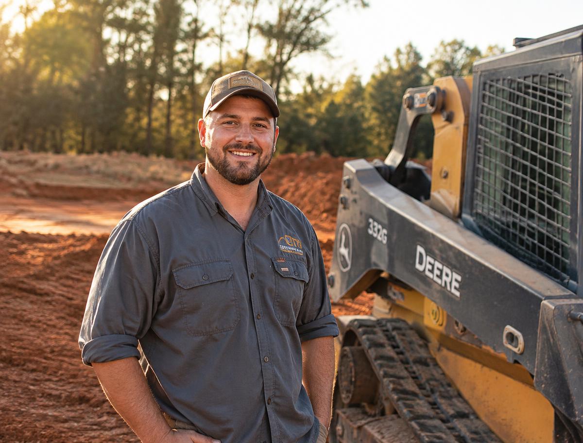 Clayline Grading owner standing beside a skid steer on a job site