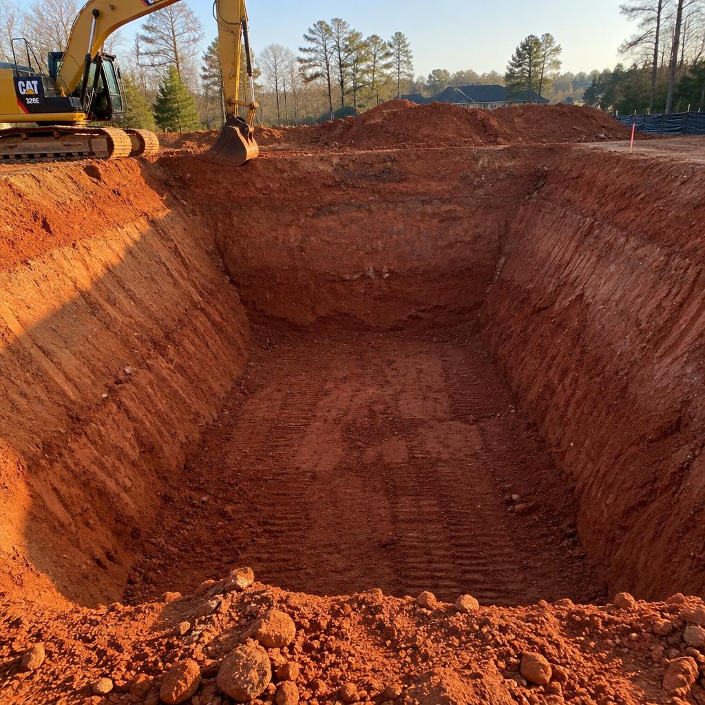 Excavator cutting a basement dig in red Georgia clay