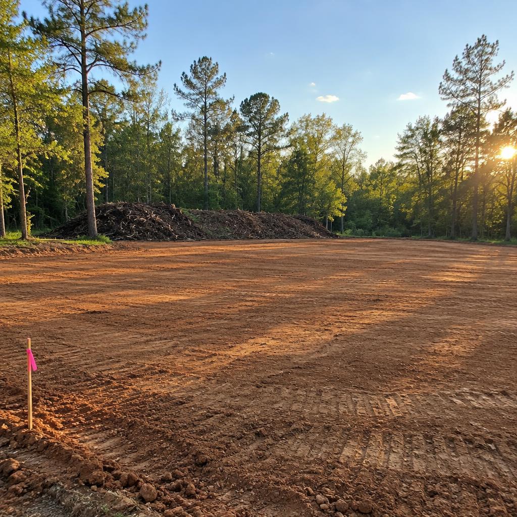 Cleared residential lot with mulched brush piled at the treeline