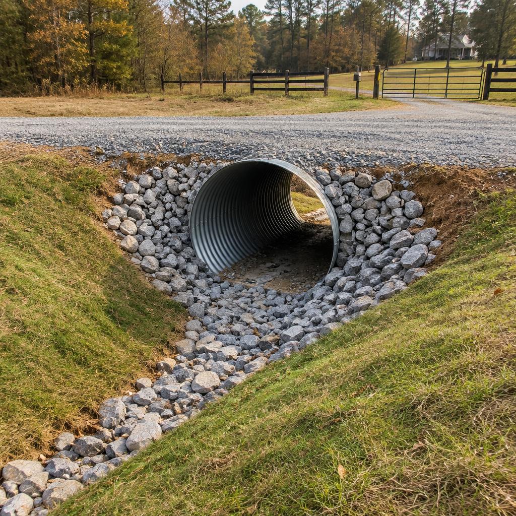 New corrugated culvert pipe under a gravel drive with a stone apron