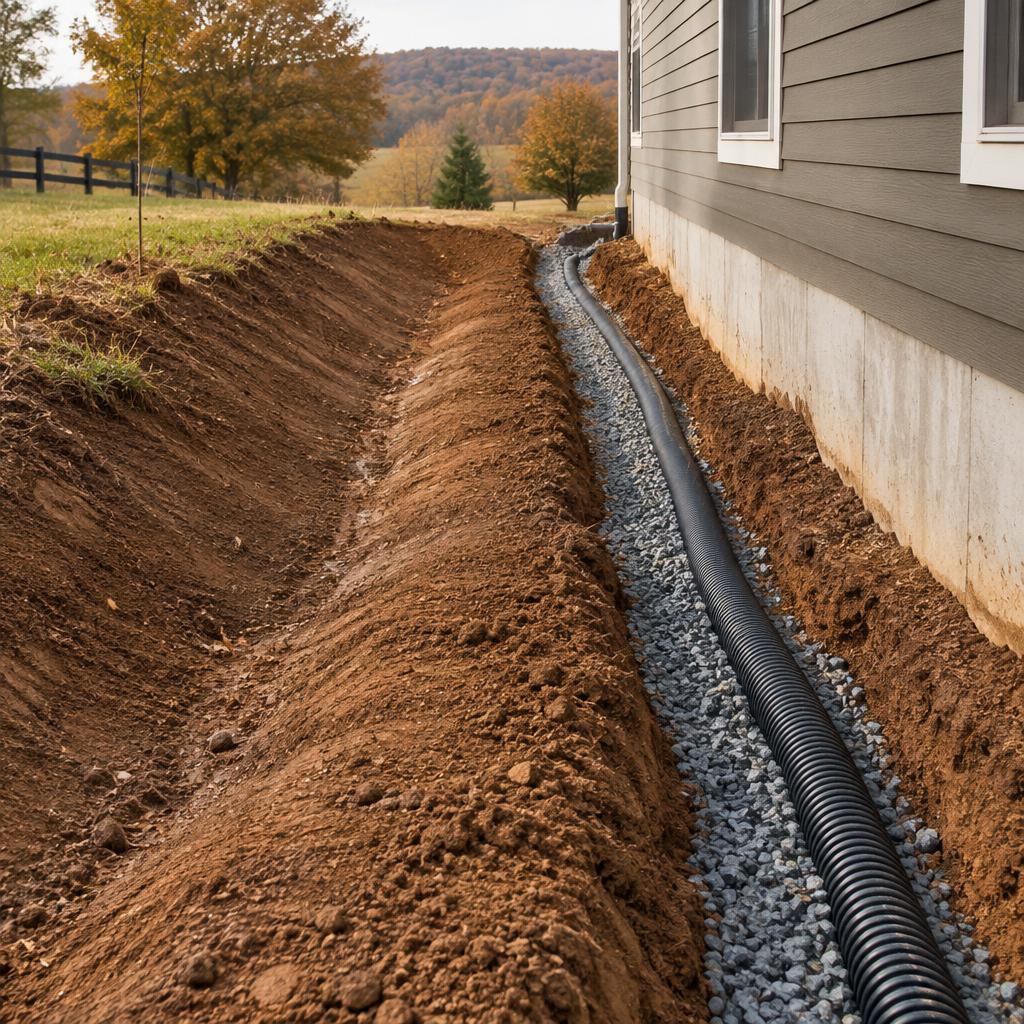 Freshly cut drainage swale with gravel French drain along a house foundation