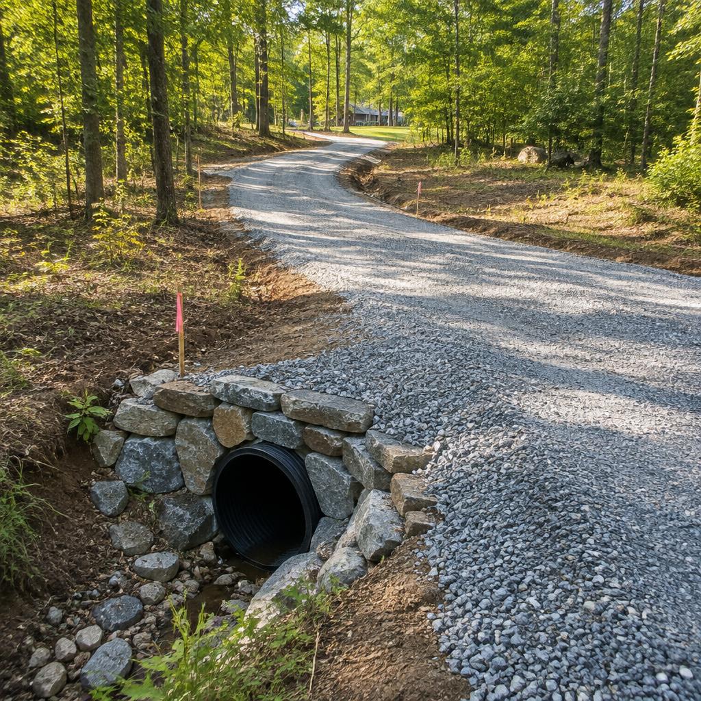 New gravel driveway curving through a wooded lot with a stone-headed culvert