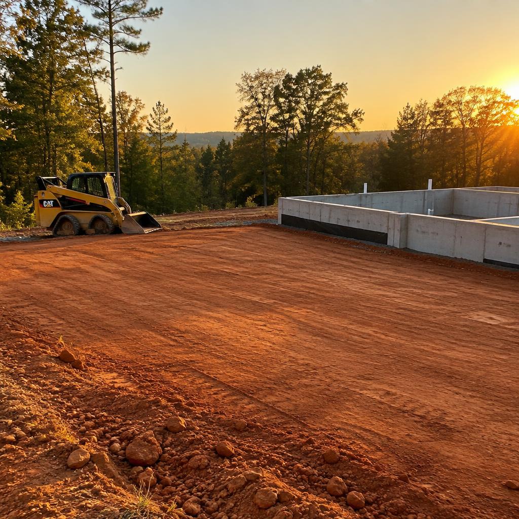 Skid steer finishing a red clay building pad beside a new foundation at sunset